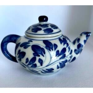 Andrea by Sadek Blue & White Mini Teapot Creamer Leaf Pattern
